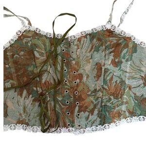 Floral Tapestry Corset Top‎ Lace Trim Green Ribbon Tie Cottagecore Boho Chic
